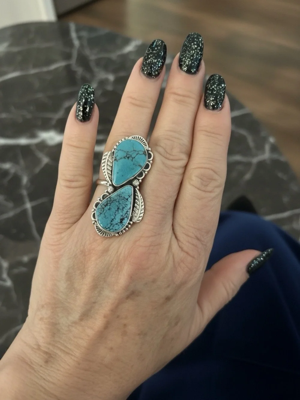 Genuine kingman Turquoise Double Teardrop Statement Ring -‎ sterling Silver